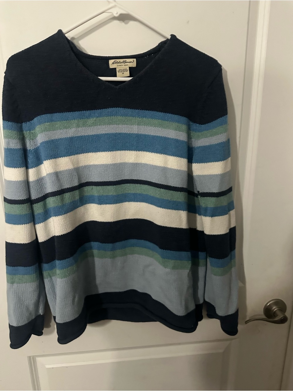 Eddie Bauer Men’s Navy and Light Blue Striped Crewneck Sweater
